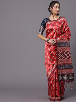 Akhilam - Womens Silk Blend Maroon Printed Designer Saree with Unstitched Blouse