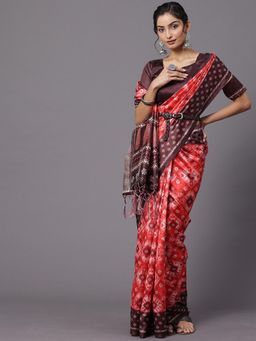 Akhilam - Womens Silk Blend Maroon Printed Designer Saree with Unstitched Blouse