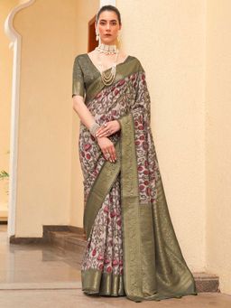 Akhilam - Womens Tussar Silk Beige Digital Print Designer Saree with Unstitched Blouse
