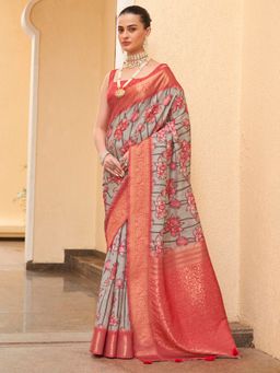 Akhilam - Womens Tussar Silk Charcoal Grey Digital Print Designer Saree with Unstitched Blouse