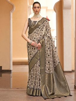 Akhilam - Womens Tussar Silk Grey Digital Print Designer Saree with Unstitched Blouse