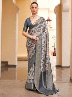 Akhilam - Womens Tussar Silk Beige Digital Print Designer Saree with Unstitched Blouse