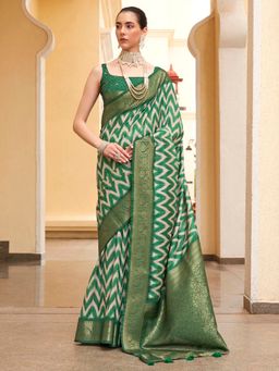 Akhilam - Womens Tussar Silk Green Digital Print Designer Saree with Unstitched Blouse