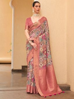 Akhilam - Womens Tussar Silk Multi-Color Digital Print Designer Saree with Unstitched Blouse