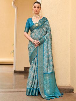 Akhilam - Womens Tussar Silk Sea Blue Digital Print Designer Saree with Unstitched Blouse