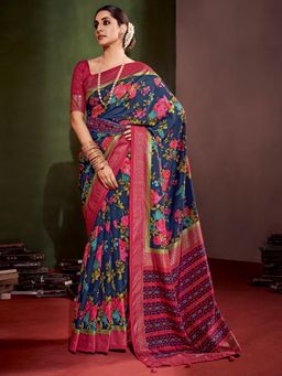 Sareemall - Womens Tussar Silk Navy Blue Printed Designer Saree with Unstitched Blouse