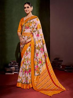 Sareemall - Womens Tussar Silk Yellow Printed Designer Saree with Unstitched Blouse