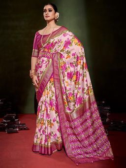 Sareemall - Womens Tussar Silk Pink Printed Designer Saree with Unstitched Blouse