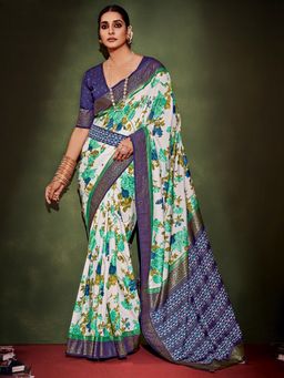 Sareemall - Womens Tussar Silk White Printed Designer Saree with Unstitched Blouse