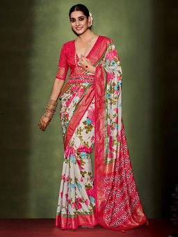 Sareemall - Womens Tussar Silk White Printed Designer Saree with Unstitched Blouse