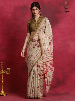 Sareemall - Womens Bhagalpuri Silk Beige Printed Designer Saree with Unstitched Blouse