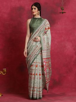 Sareemall - Womens Bhagalpuri Silk Light Green Printed Designer Saree with Unstitched Blouse