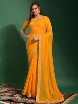 Akhilam - Womens Georgette Yellow Zari Embroidered Designer Saree with Unstitched Blouse