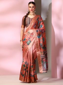 Akhilam - Womens Silk Blend Rust Printed Designer Saree with Unstitched Blouse