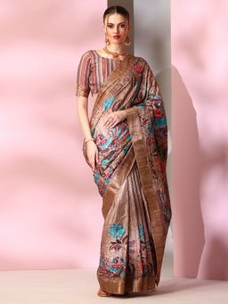 Akhilam - Womens Silk Blend Brown Printed Designer Saree with Unstitched Blouse