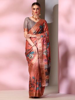 Akhilam - Womens Silk Blend Rust Printed Designer Saree with Unstitched Blouse