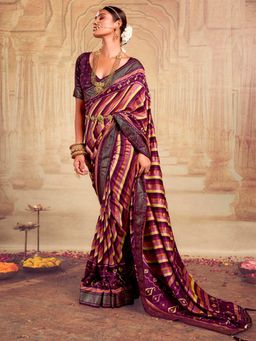 Akhilam - Womens Tussar Silk Purple Printed Designer Saree with Unstitched Blouse