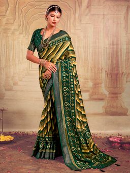 Akhilam - Womens Tussar Silk Green Printed Designer Saree with Unstitched Blouse