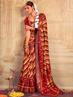 Akhilam - Womens Tussar Silk Red Printed Designer Saree with Unstitched Blouse