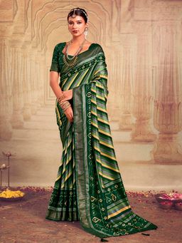 Akhilam - Womens Tussar Silk Green Printed Designer Saree with Unstitched Blouse