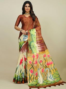 Akhilam - Womens Tussar Silk Brown Printed Designer Saree with Unstitched Blouse