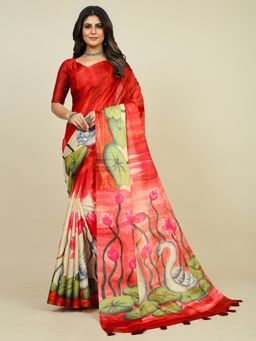 Akhilam - Womens Tussar Silk Red Printed Designer Saree with Unstitched Blouse