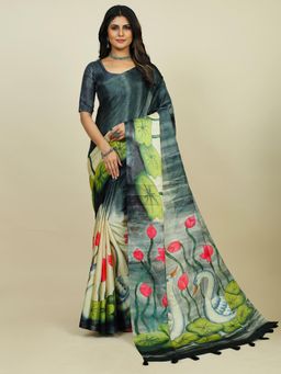 Akhilam - Womens Tussar Silk Black Printed Designer Saree with Unstitched Blouse