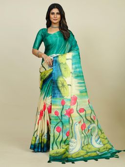 Akhilam - Womens Tussar Silk Sea Green Printed Designer Saree with Unstitched Blouse