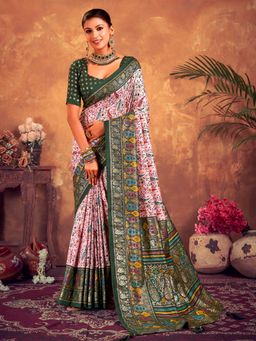 Akhilam - Womens Tussar Silk Pink Printed Designer Saree with Unstitched Blouse