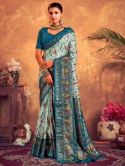 Akhilam - Womens Tussar Silk Turquoise Printed Designer Saree with Unstitched Blouse