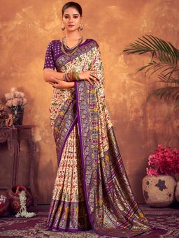 Akhilam - Womens Tussar Silk Peach Printed Designer Saree with Unstitched Blouse