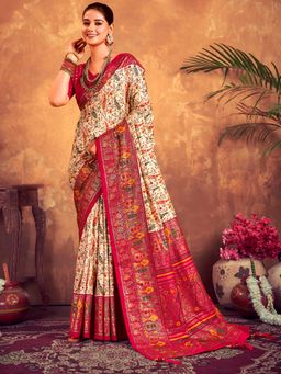 Akhilam - Womens Tussar Silk Cream Printed Designer Saree with Unstitched Blouse