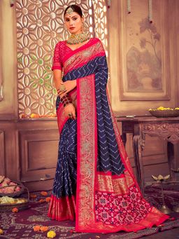 Akhilam - Womens Tussar Silk Navy Blue Printed Designer Saree with Unstitched Blouse