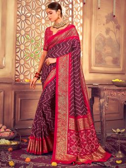 Akhilam - Womens Tussar Silk Purple Printed Designer Saree with Unstitched Blouse