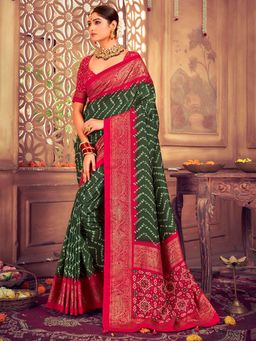 Akhilam - Womens Tussar Silk Green Printed Designer Saree with Unstitched Blouse