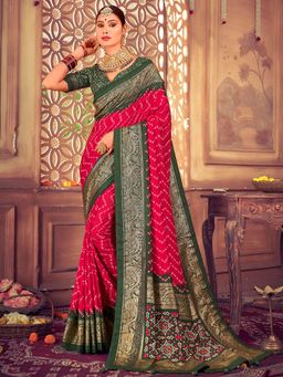 Akhilam - Womens Tussar Silk Magenta Printed Designer Saree with Unstitched Blouse