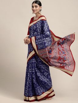 Akhilam - Womens Bhagalpuri Silk Navy Blue Printed Designer Saree with Unstitched Blouse