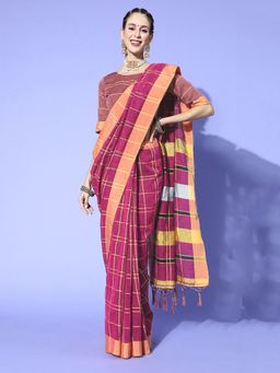 Sareemall - Womens Linen Magenta Handloom Celebrity Saree with Unstitched Blouse