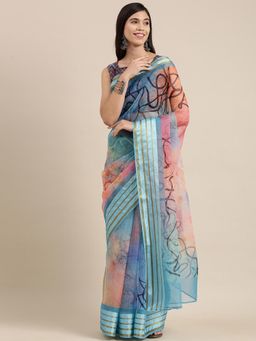 Sareemall - Womens Organza Blue Digital Print Celebrity Saree with Unstitched Blouse
