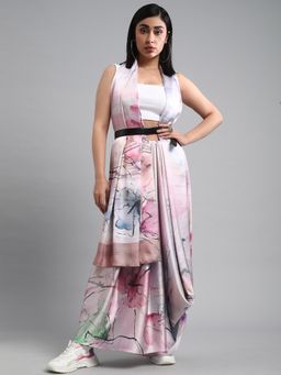 Akhilam - Womens Crepe Pink Digital Print Designer Saree with Unstitched Blouse