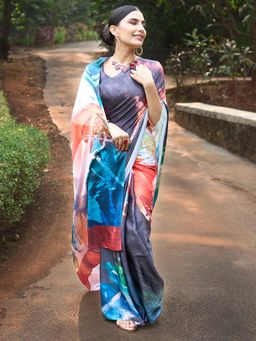 Akhilam - Womens Crepe Navy Blue Digital Print Designer Saree with Unstitched Blouse