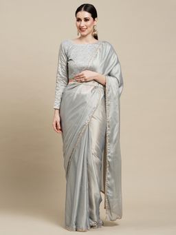 Akhilam - Womens Georgette Grey Solid Designer Saree with Unstitched Blouse