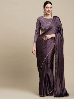 Akhilam - Womens Georgette Wine Solid Designer Saree with Unstitched Blouse
