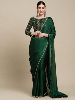Akhilam - Womens Georgette Green Solid Designer Saree with Unstitched Blouse