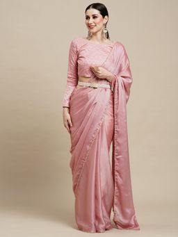 Akhilam - Womens Georgette Pink Solid Designer Saree with Unstitched Blouse