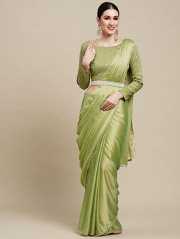 Akhilam - Womens Georgette Light Green Solid Designer Saree with Unstitched Blouse
