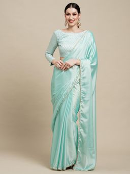 Akhilam - Womens Georgette Turquoise Solid Designer Saree with Unstitched Blouse