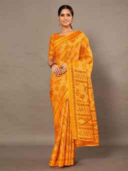 Akhilam - Womens Bhagalpuri Silk Yellow Printed Celebrity Saree with Unstitched Blouse