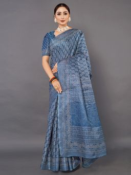 Akhilam - Womens Bhagalpuri Silk Blue Printed Celebrity Saree with Unstitched Blouse