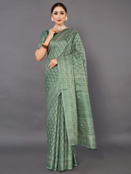 Akhilam - Womens Bhagalpuri Silk Sea Green Printed Celebrity Saree with Unstitched Blouse